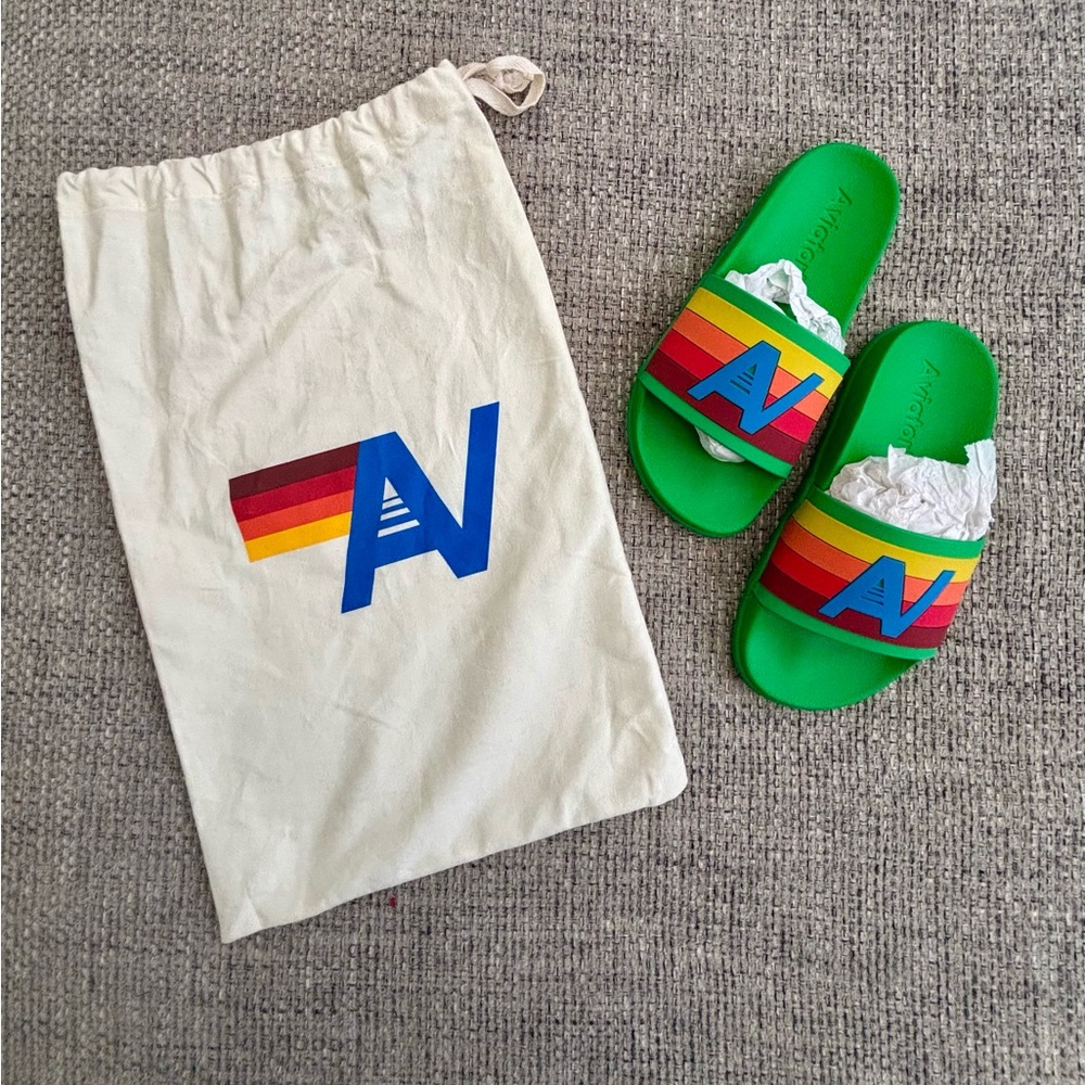 Brand New Aviator Nation 🌈 Kelly Green Rainbow Stripe Slides Size 5 + Canvas Bag